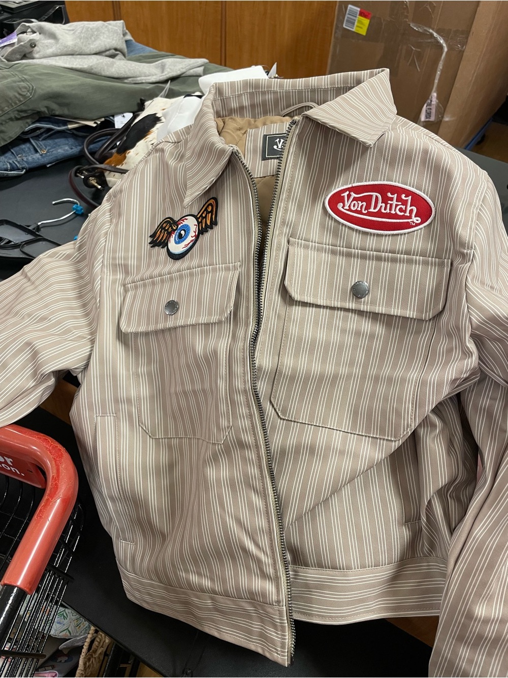 Von Dutch Beige Pinstripe Utility Jacket with Embroidered Patches